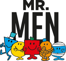 Mr Men-personages met Mr Men in het midden geschreven, op een oranje achtergrond